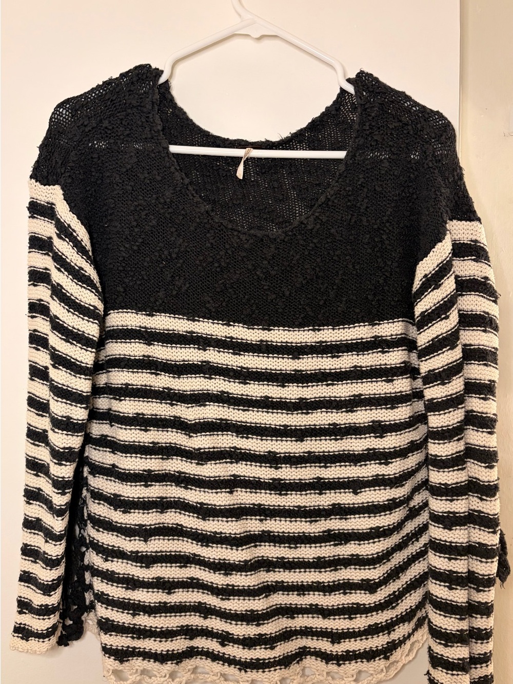 Free People Black and Cream Striped Scoop Neck Sweater